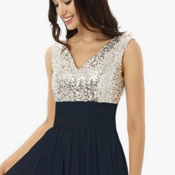 SOIEBLU Silver Sequin Navy Blue Chiffon Formal Metallic V-neckline Dress NWOT - Picture 2 of 9